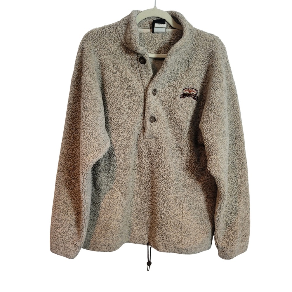 Vintage EMI Alaska Sherpa Fleece Pullover Beige Henley USA Medium M Embroidered